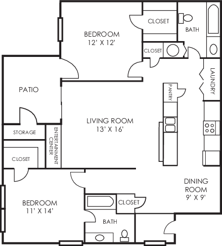 Redwood two bedroom floorplan at Woodland Park Apartment Homes, Greensboro, 27455